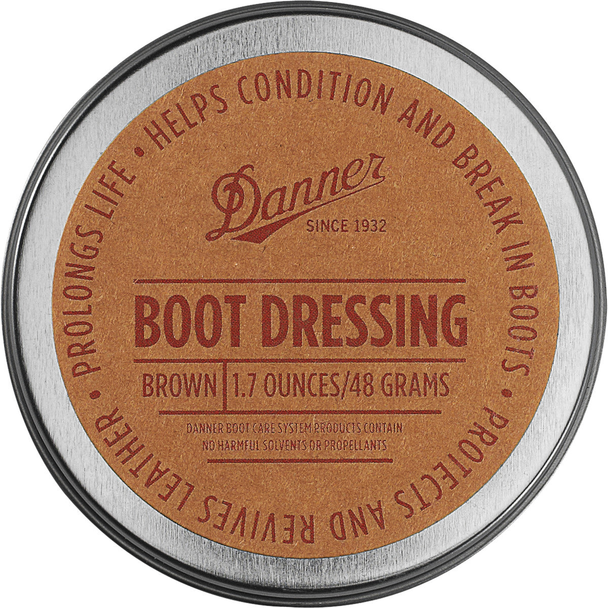 Danner Boot Dressing tin lid showing brand logo, brown color, and 1.7 ounce size
