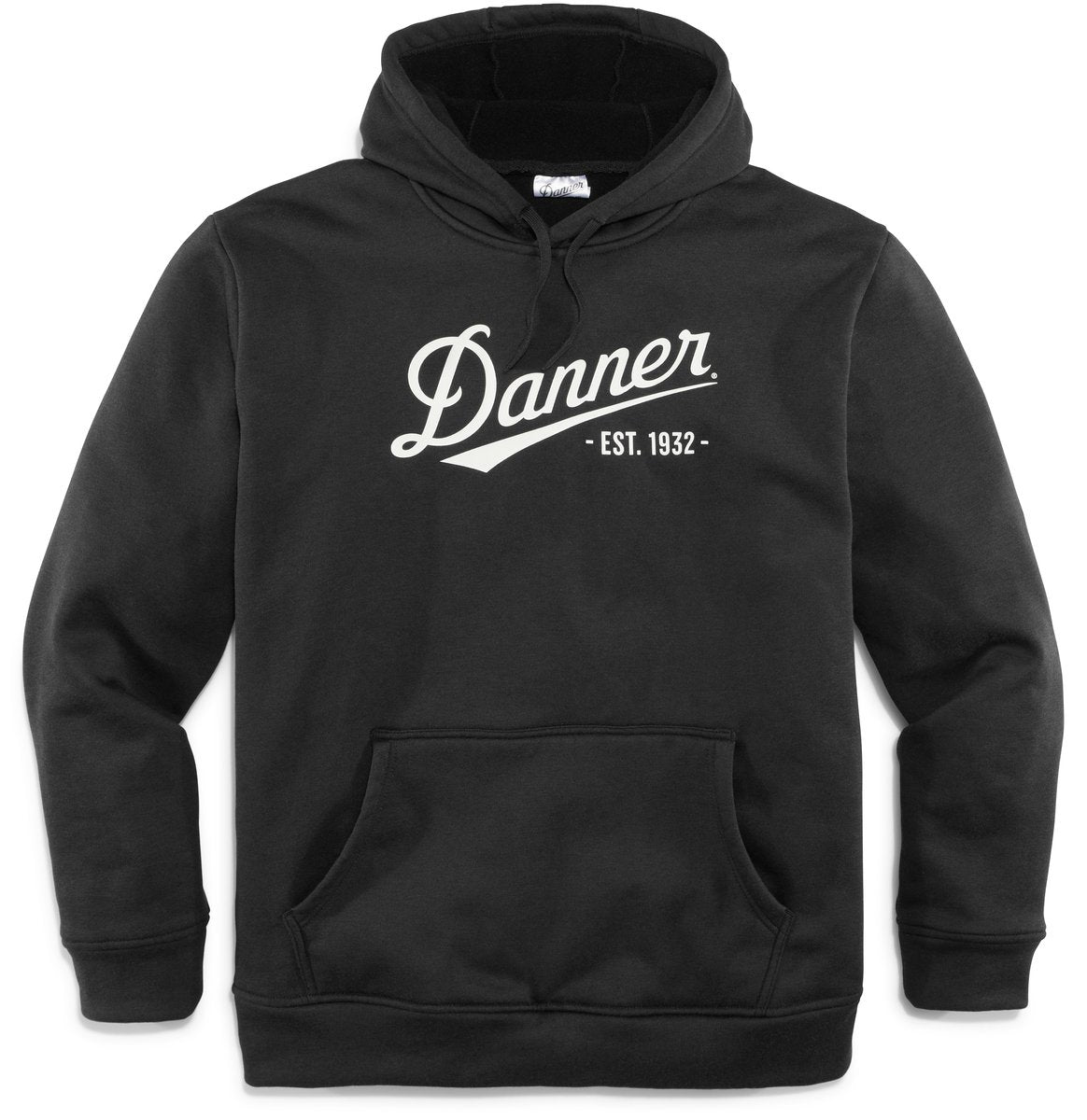 Danner Est. 1932 black pullover hoodie with kangaroo pocket and drawstring hood