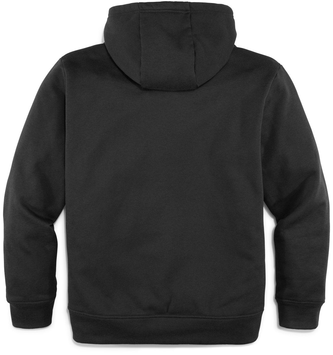 Back view of a men's pullover hoodie with ribbed cuffs and hem, hood visible