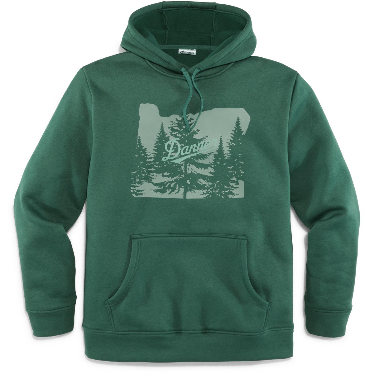 Danner men's pullover hoodie featuring Oregon state outline and evergreen forest graphic on chest