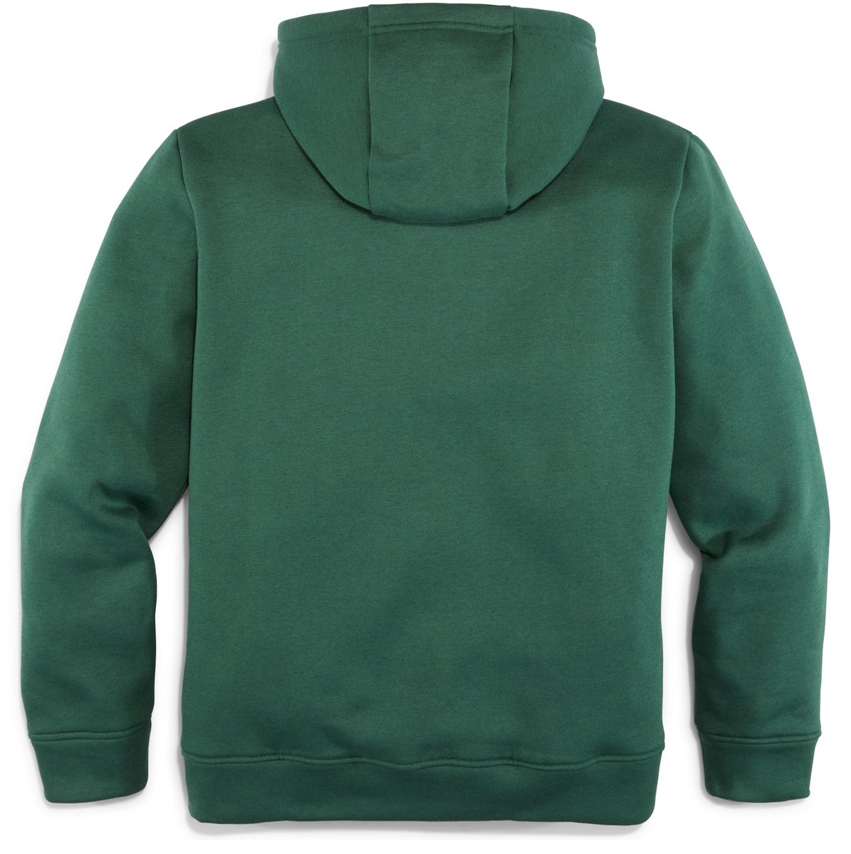 Back view of mens pullover hoodie with kangaroo hood and ribbed cuffs and hem