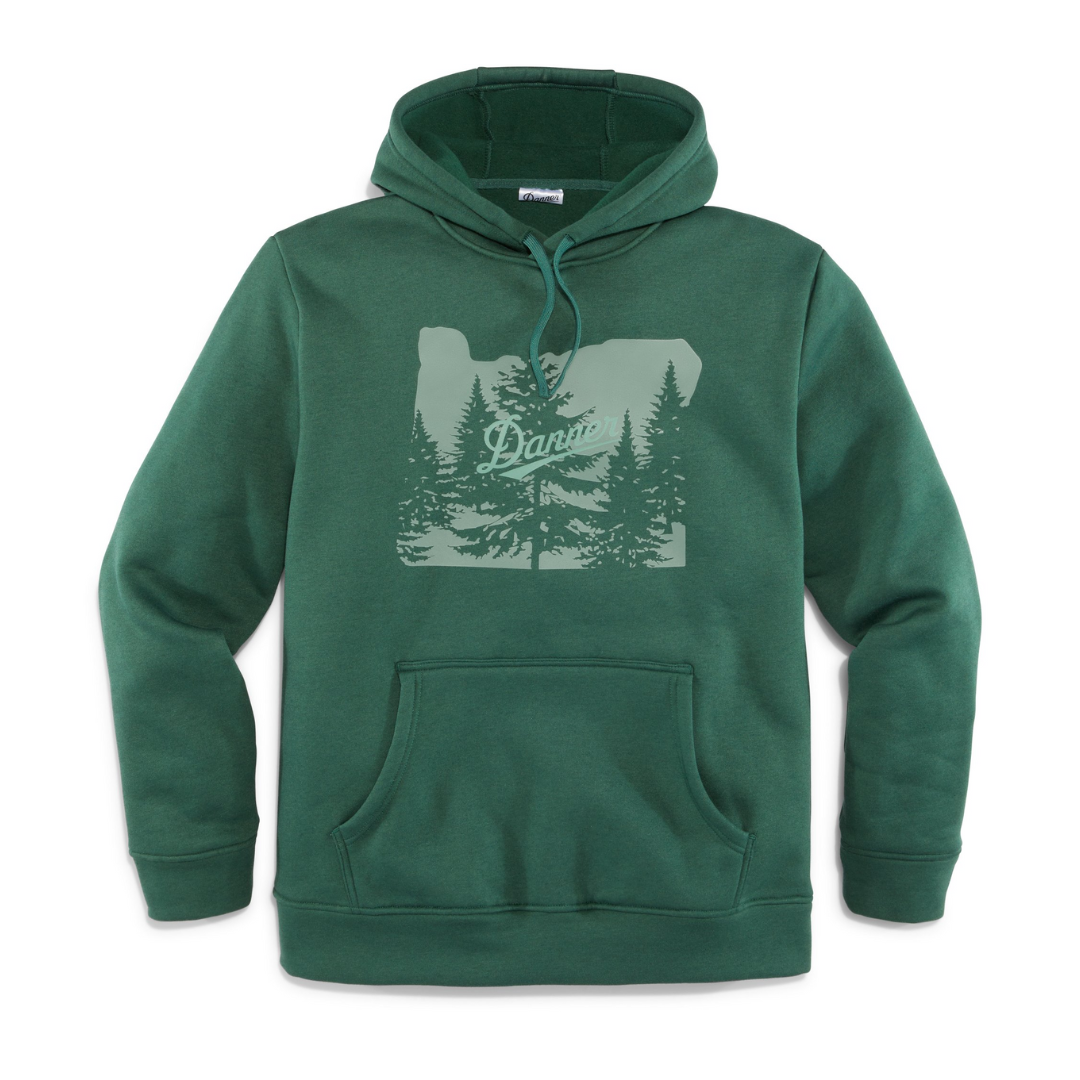 Danner men's pullover hoodie featuring Oregon state silhouette with evergreen forest graphic print