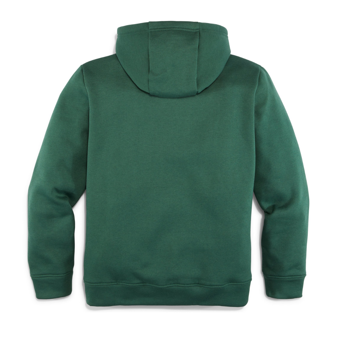 Back view of a men's pullover hoodie with ribbed cuffs and hem, hood detail visible