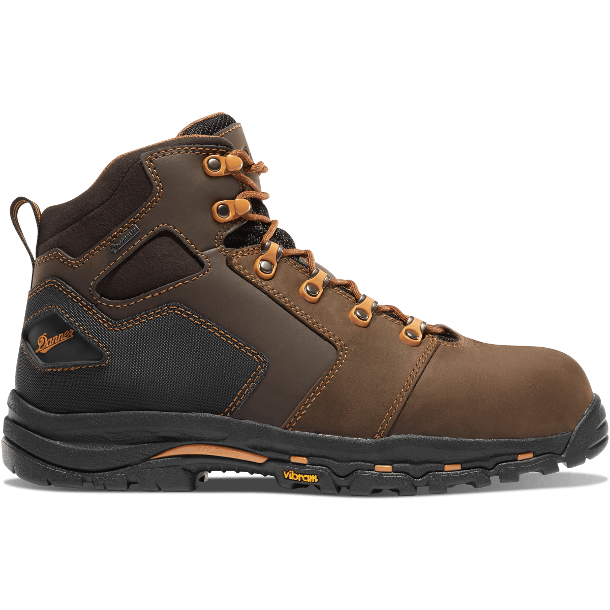 Danner men's mid-height lace-up work boot with Vibram outsole, side profile view