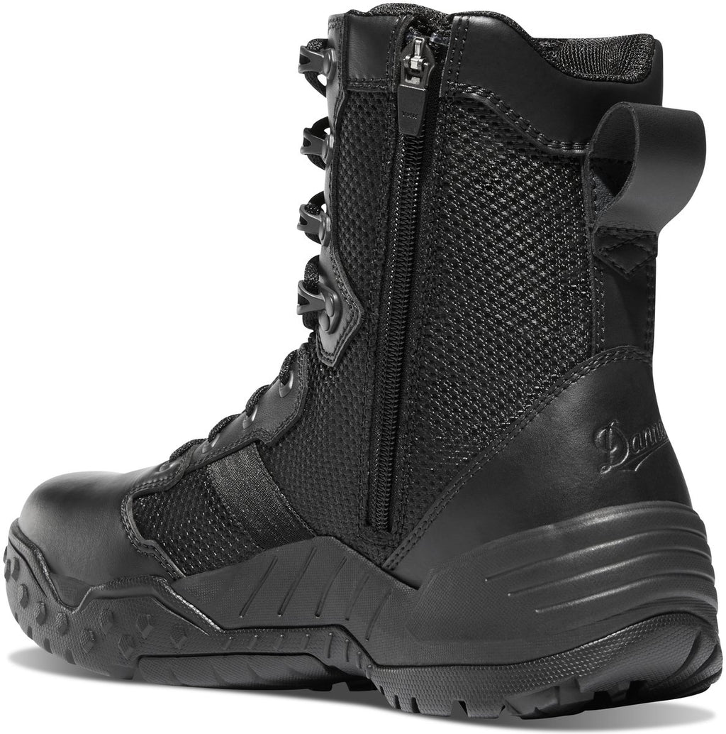 Danner tactical boot rear view showing side zipper, lace hardware, and rugged outsole