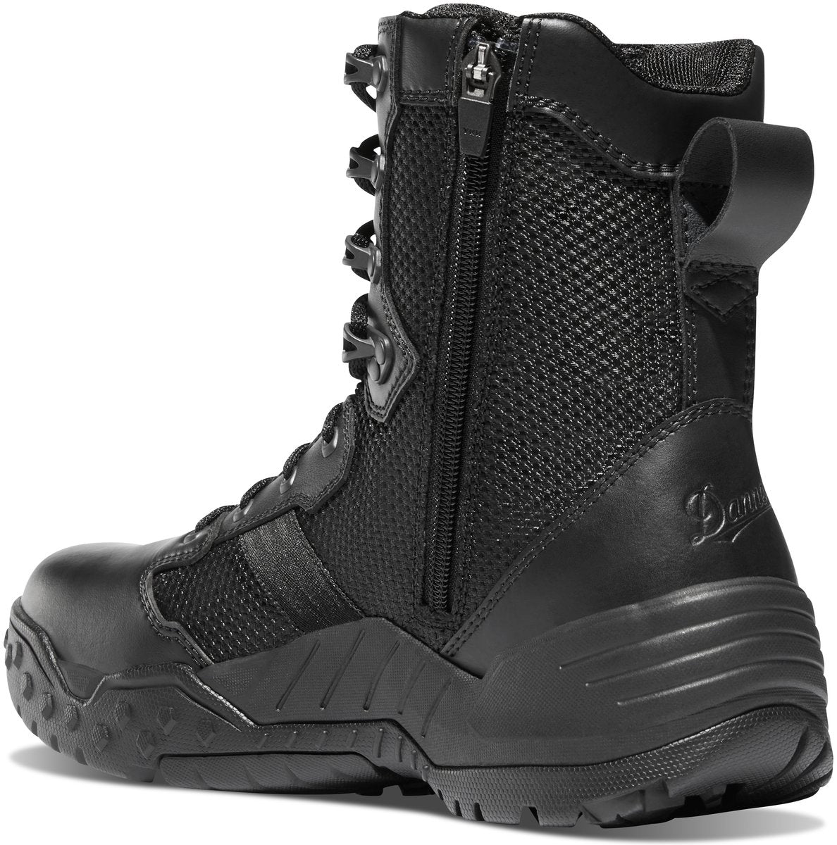 Danner tactical boot rear view showing side zipper, lace hardware, and rugged outsole