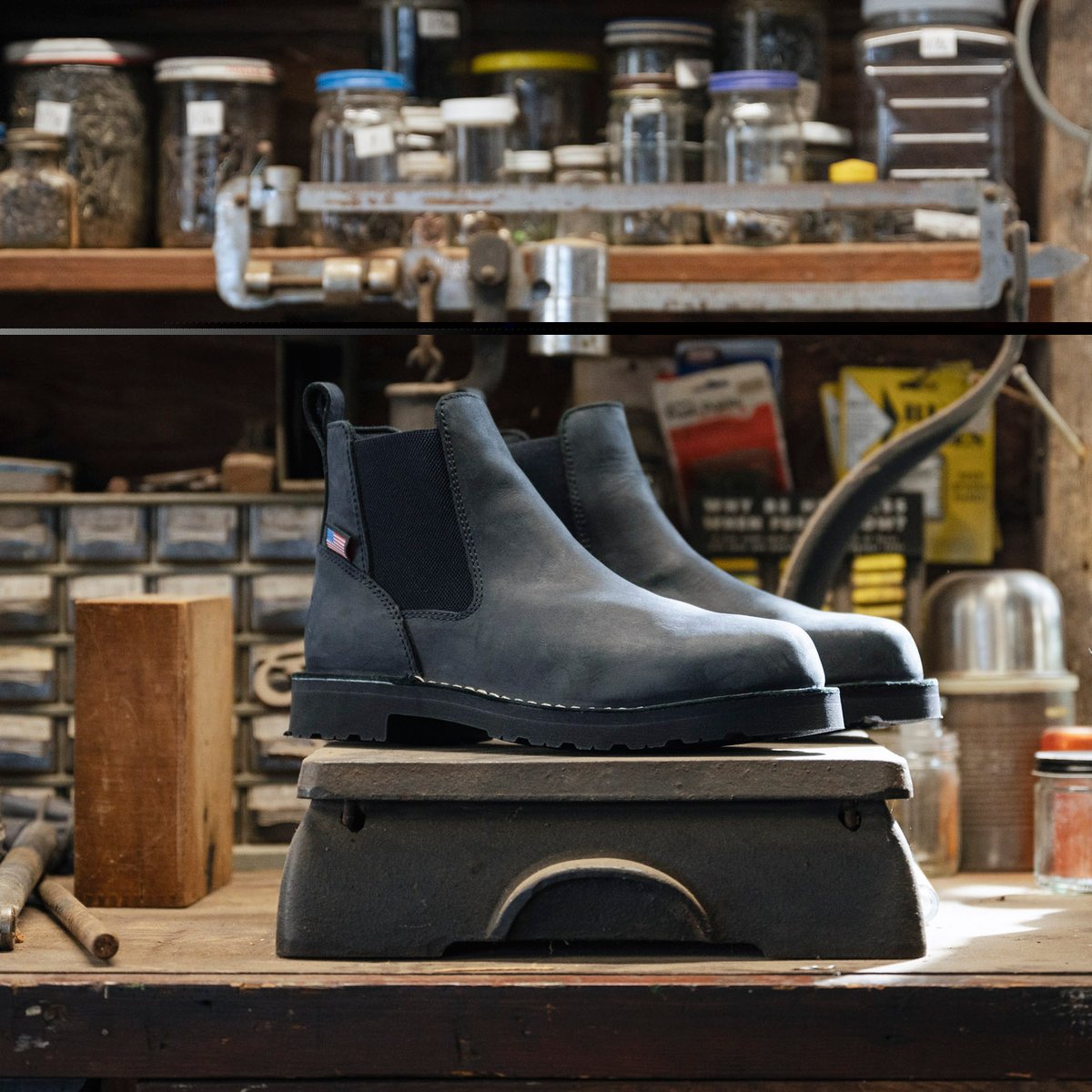 Danner mens Chelsea ankle boot with elastic side panels displayed on vintage workshop platform