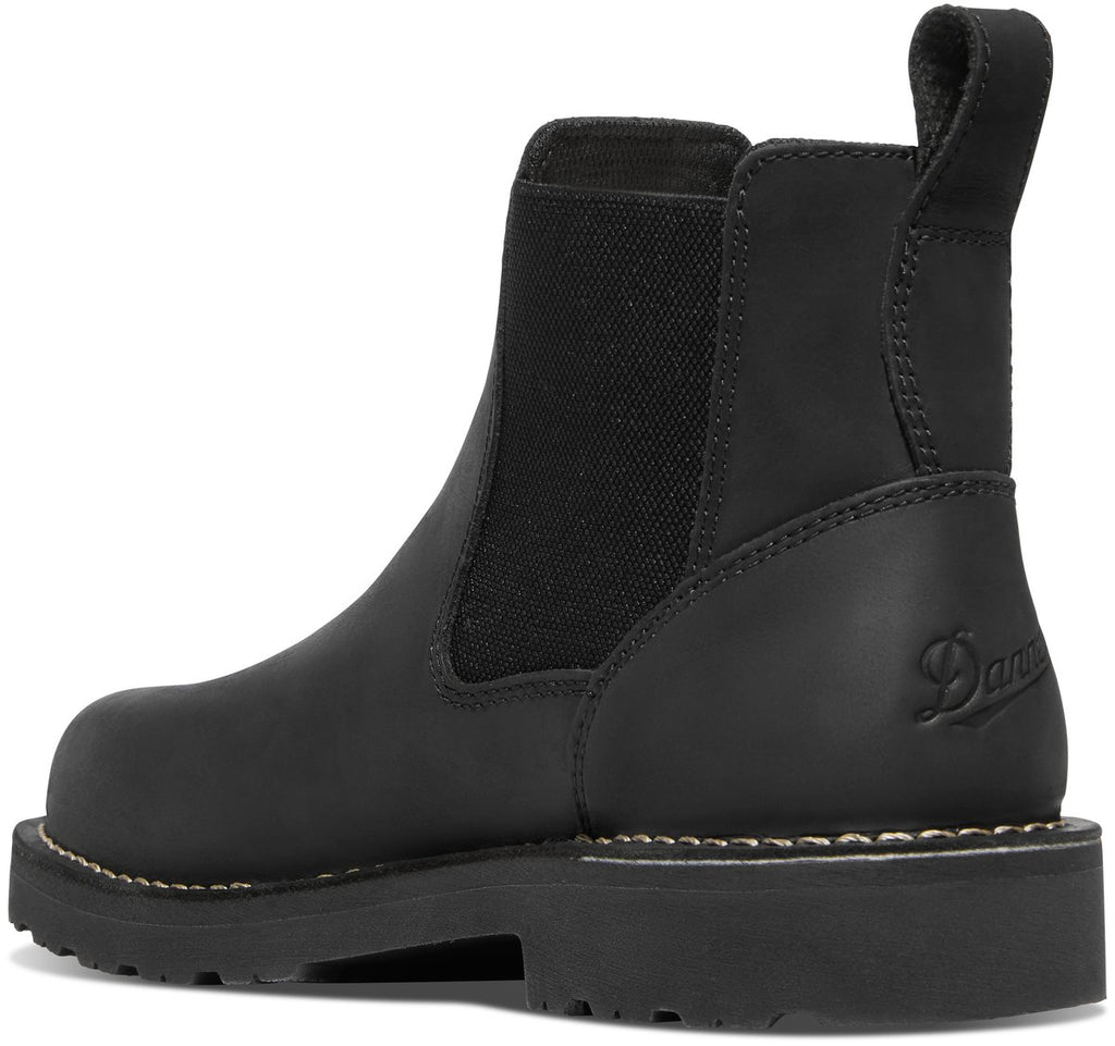 Rear view of Danner Chelsea pull-on work boot with elastic side panel and lugged sole