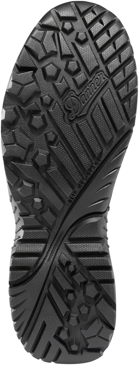 Bottom sole view of Danner boot showing aggressive lug pattern and brand logo