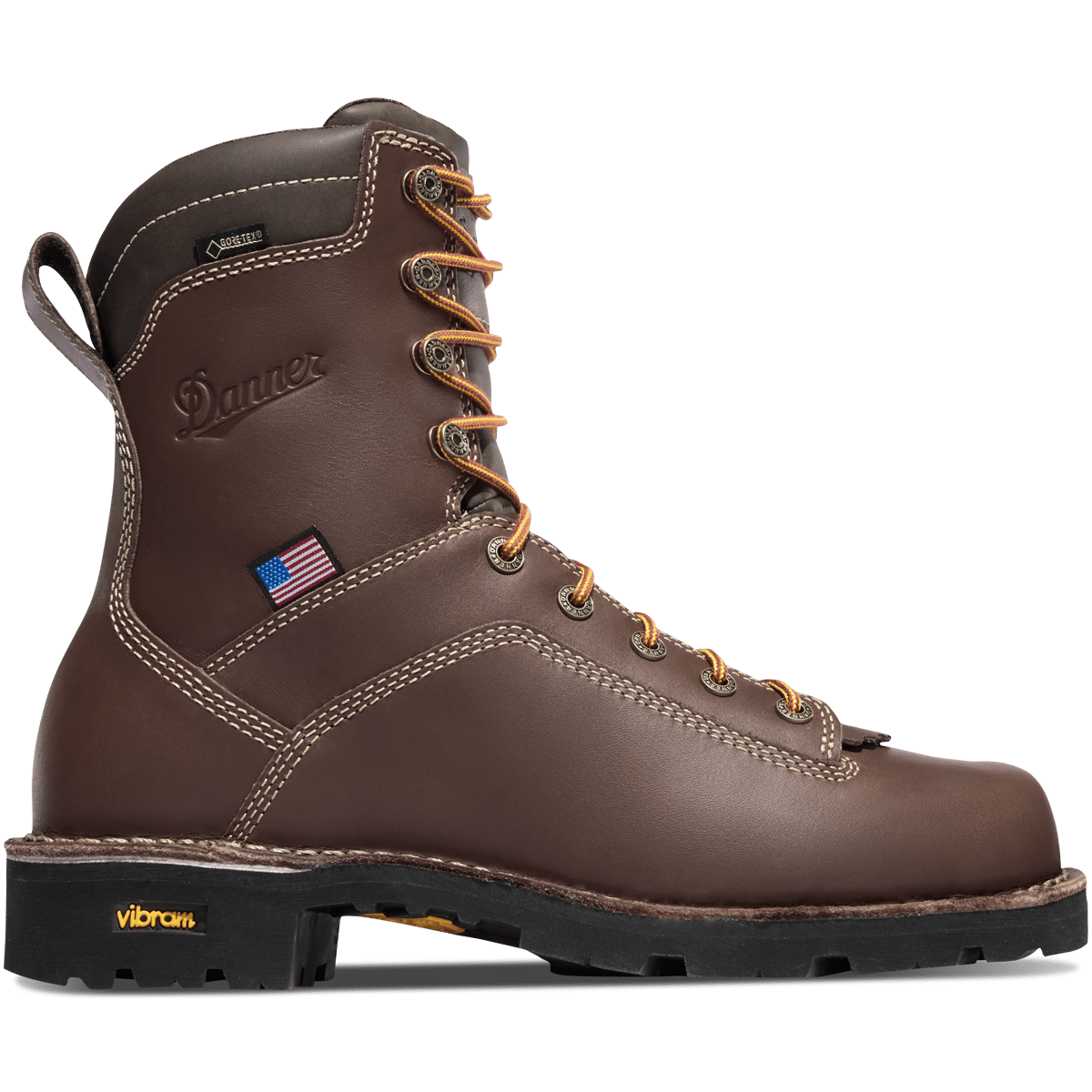 Danner men's tall lace-up work boot with Vibram sole and American flag patch
