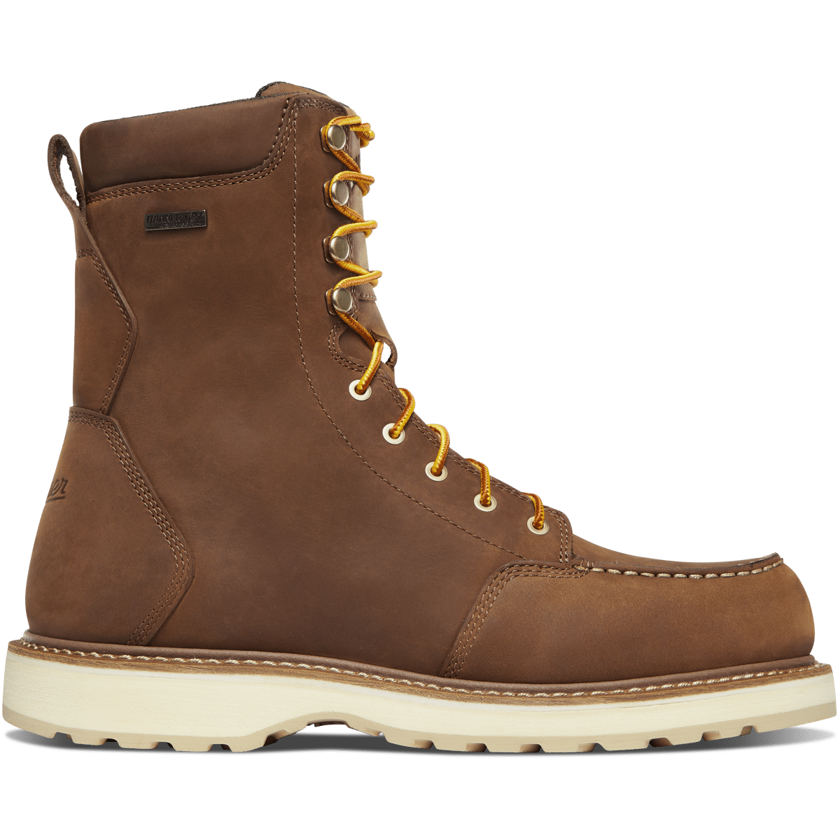 Danner men's lace-up moc toe work boot with white wedge sole, side view