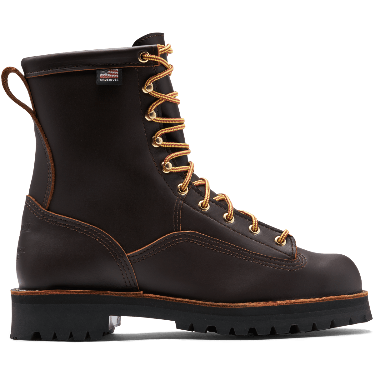 Danner mens lace-up work boot with lugged sole and gold eyelets, side view