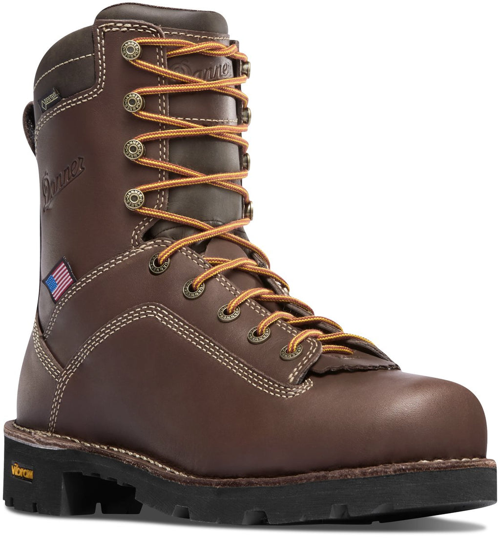 Danner men's tall brown leather work boot with orange laces and Vibram outsole