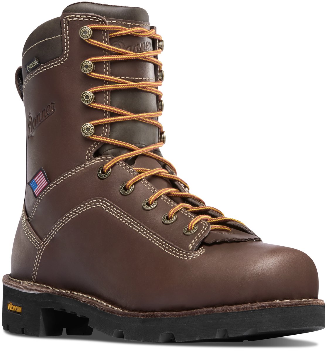 Danner men's tall brown leather work boot with orange laces and Vibram outsole
