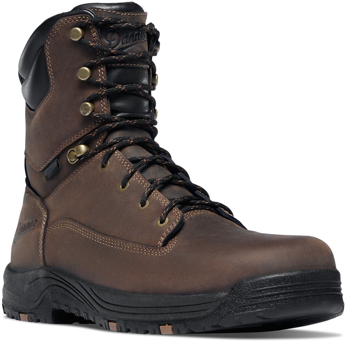 Danner men's tall lace-up leather work boot with black collar and rugged outsole