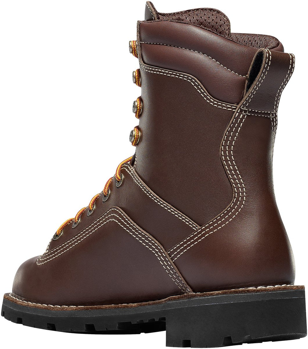 Rear view of men's 8-inch lace-up leather work boot with lugged outsole and alloy toe