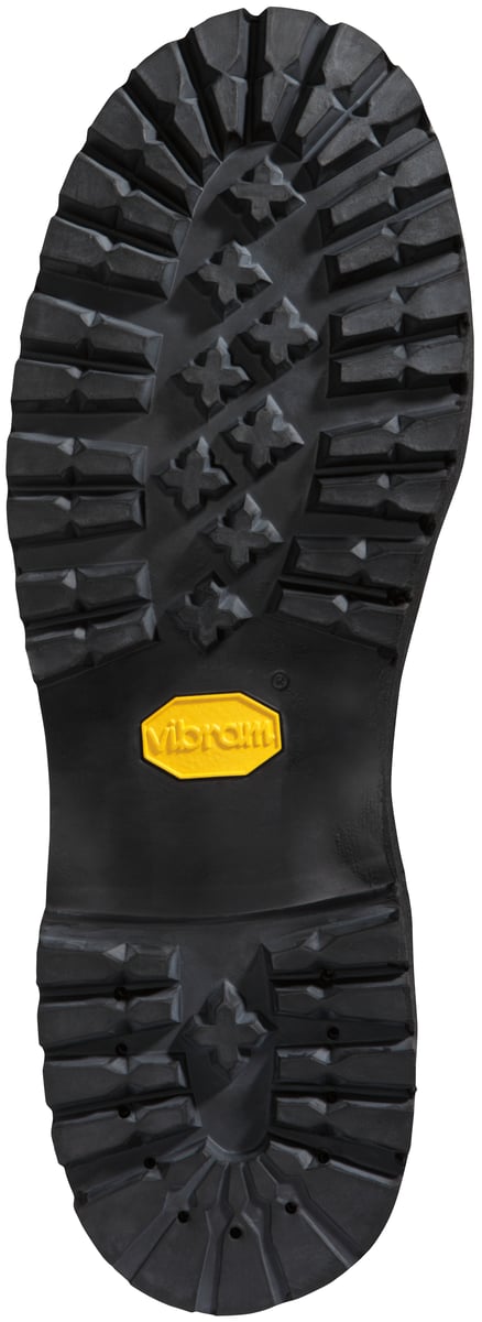 Bottom view of Danner Rain Forest boot showing Vibram outsole with aggressive lug tread pattern