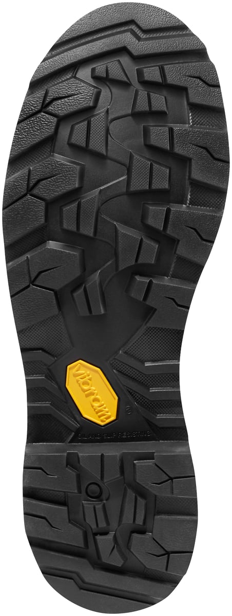 Bottom sole view of Danner work boot featuring Vibram outsole with aggressive lug pattern
