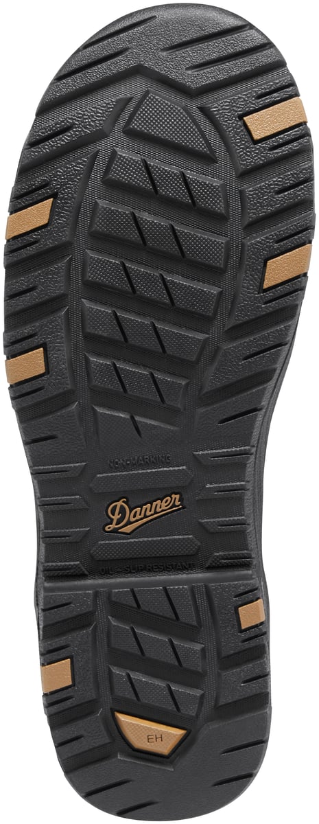 Bottom sole view of Danner work boot showing aggressive tread pattern and EH rating