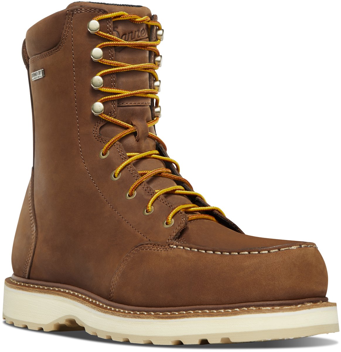 Danner men's 8-inch moc toe work boot with yellow laces and cream wedge sole