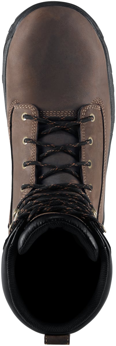 Top-down view of a lace-up leather work boot with black eyelets and padded collar