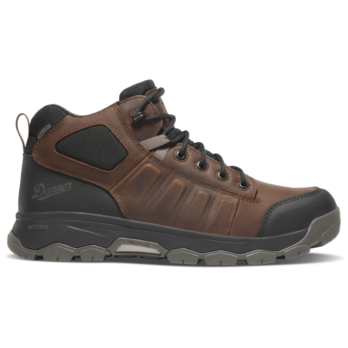 Danner men's mid-cut hiking boot with brown leather upper and olive rugged outsole