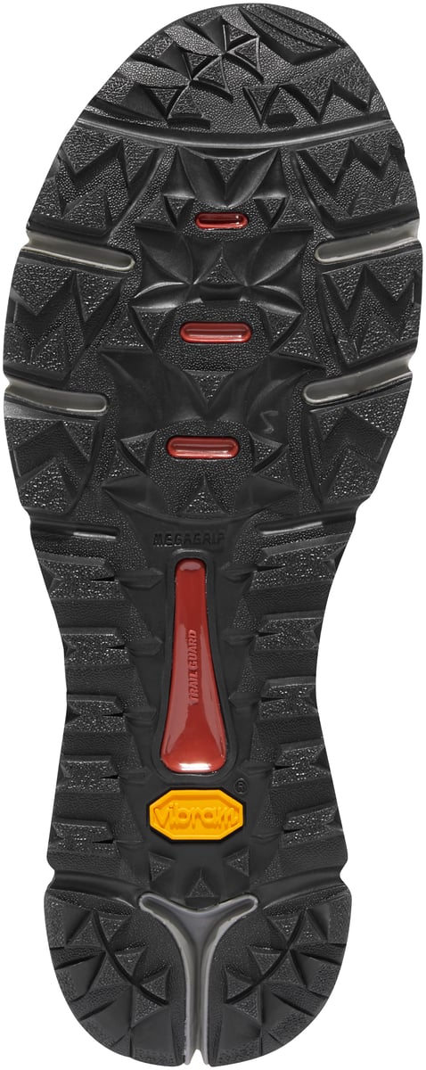 Bottom sole view of a trail hiking shoe with aggressive lug pattern and Vibram outsole