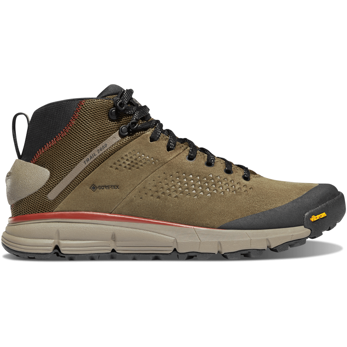 Danner Trail 2650 Mid GTX hiking boot with suede upper, red midsole stripe, and Vibram outsole
