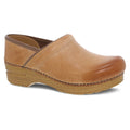 Dansko womens leather clog with rounded toe and structured wooden platform sole
