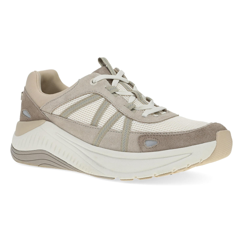 Dansko women's lace-up sneaker with chunky white sole and suede overlays on mesh upper