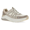 Dansko women's lace-up sneaker with chunky white sole and suede overlays on mesh upper