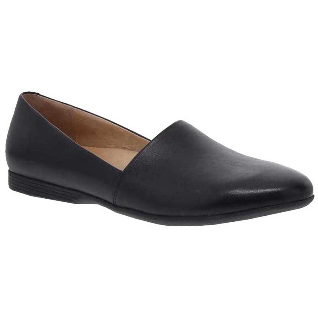 Dansko womens slip-on loafer flat with smooth leather upper and low stacked heel
