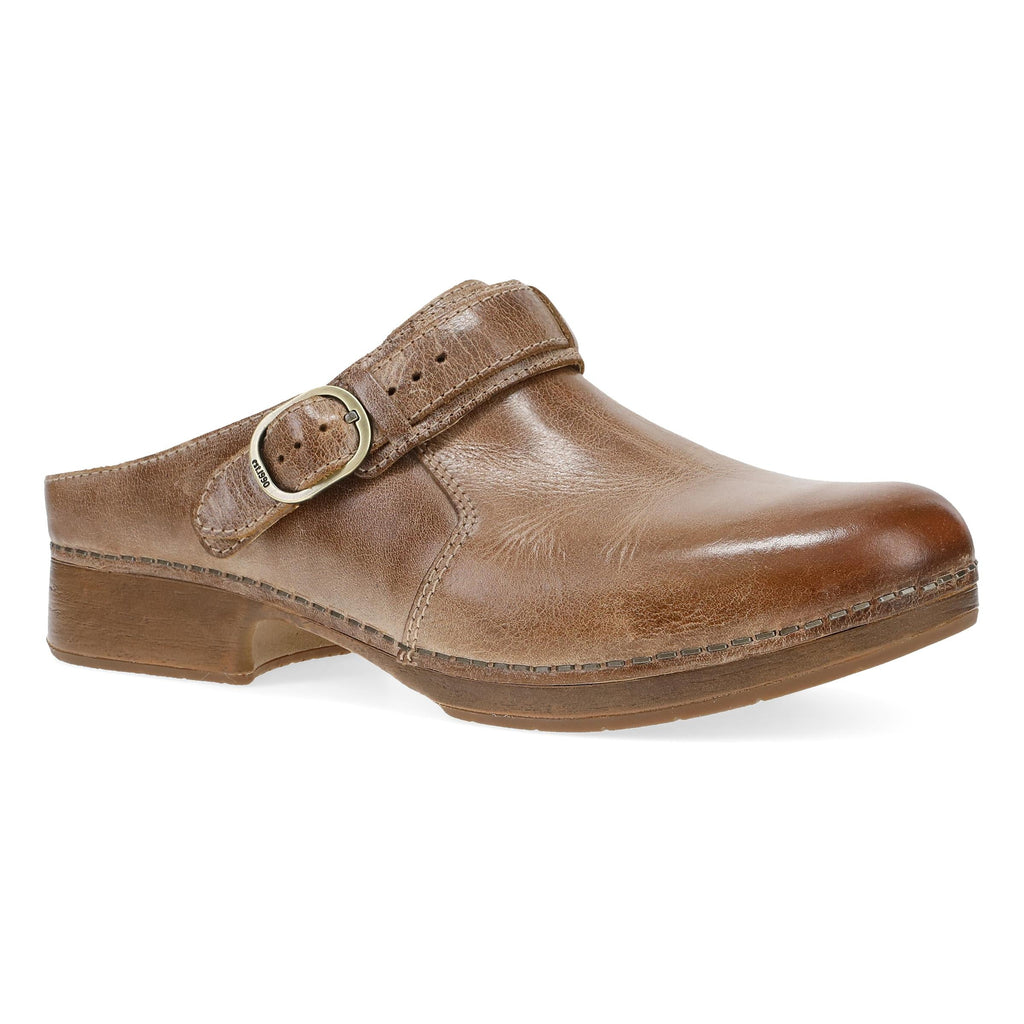 Dansko women's leather clog with buckle strap detail and low stacked heel