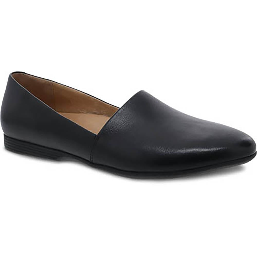 Dansko womens slip-on loafer flat with smooth leather upper and low stacked heel