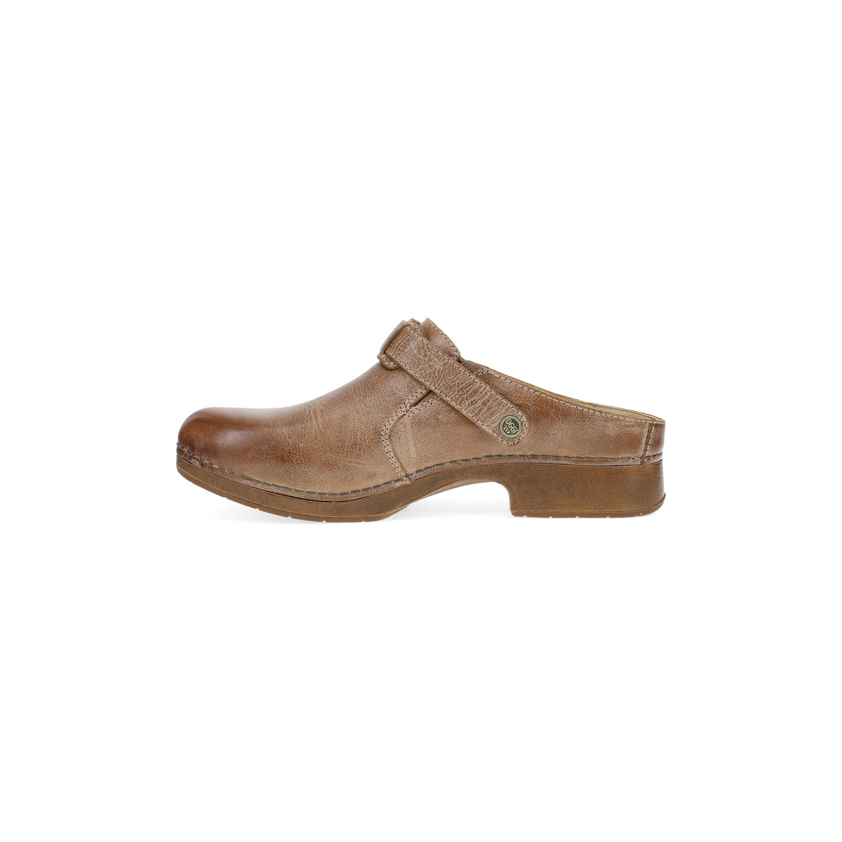 Dansko leather clog mule with adjustable strap and low stacked heel, side view