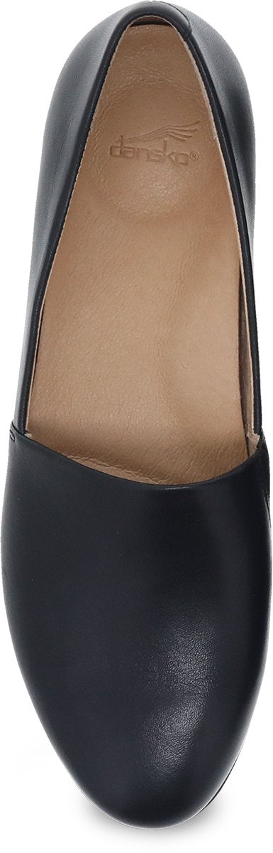 Dansko women's slip-on loafer flat with smooth leather upper, top-down view
