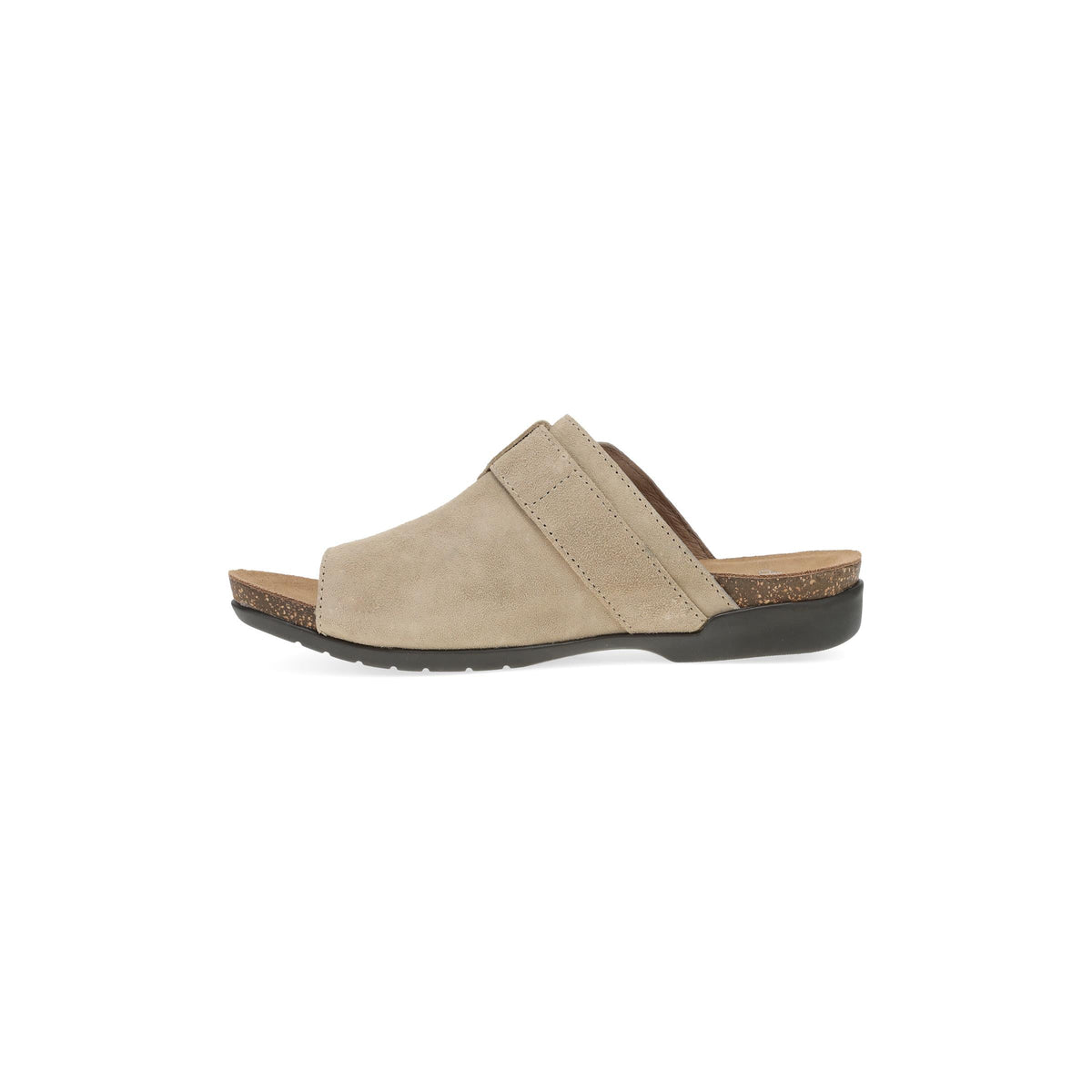 Dansko women's slip-on mule sandal with wide suede strap and cork footbed, side view