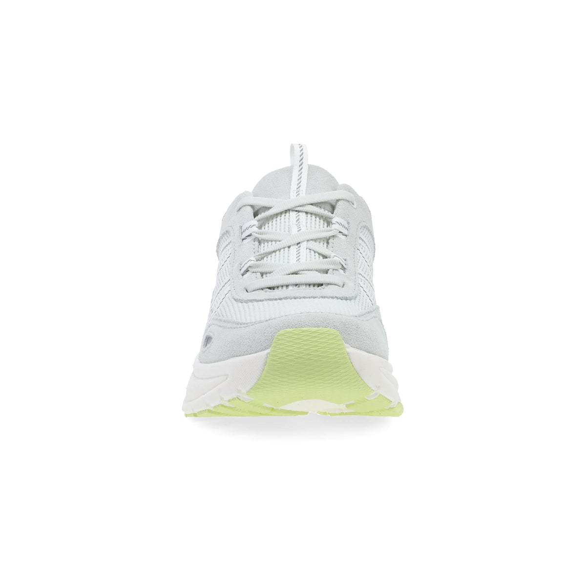 Front toe view of a lace-up athletic sneaker with textured upper and bright outsole