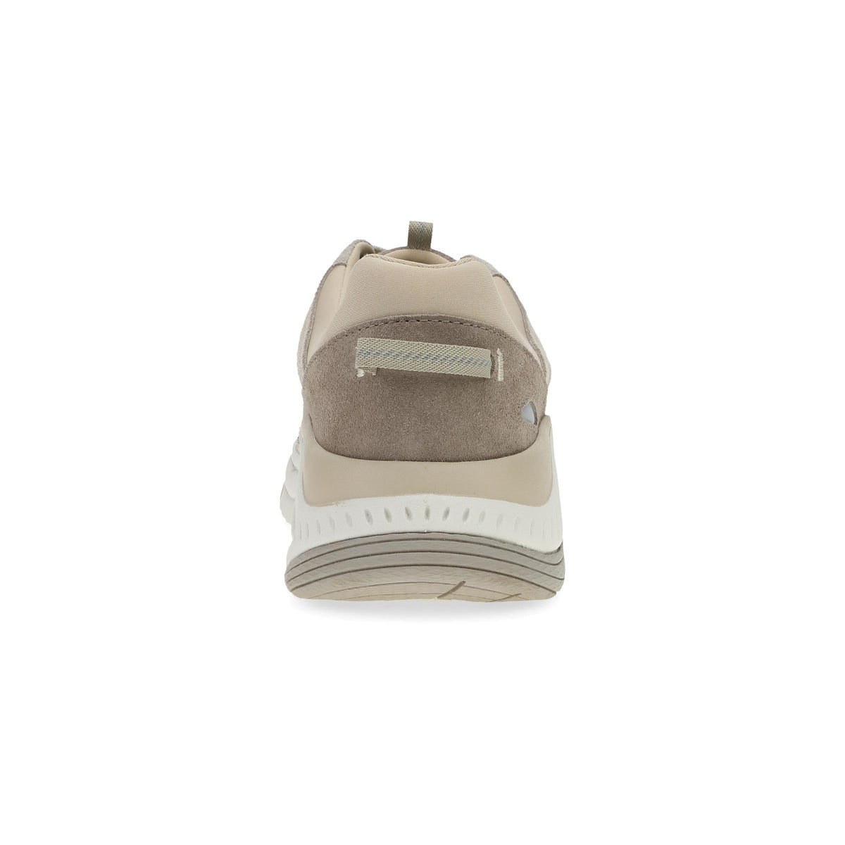 Rear view of a women's sneaker with suede heel panel and chunky white sole