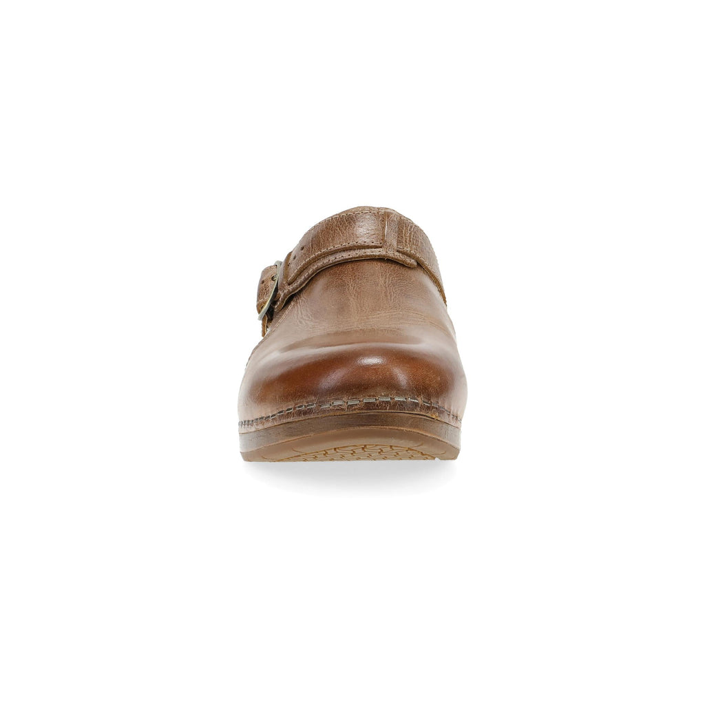 Front view of a tan leather clog with buckle strap detail and wooden sole