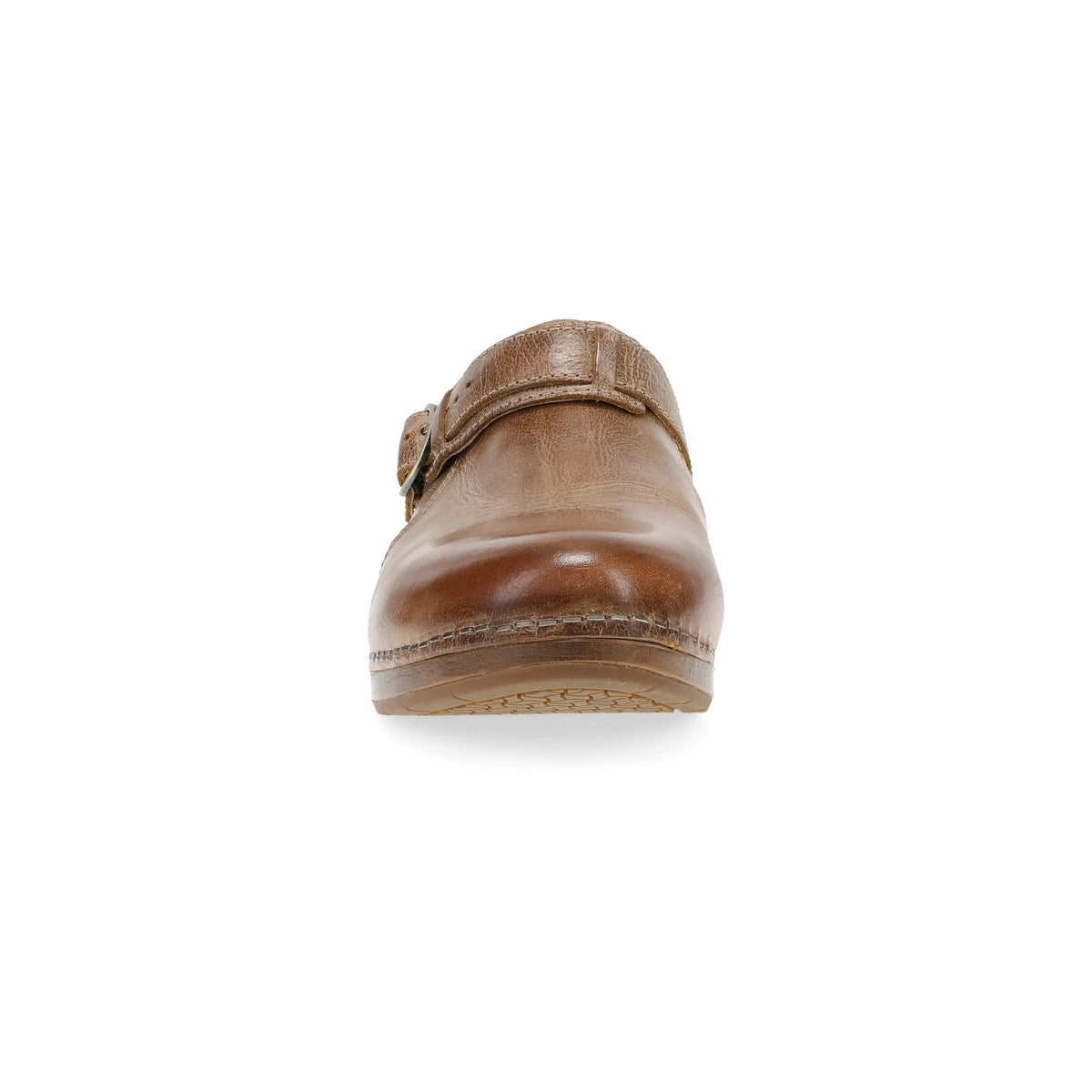 Front view of a tan leather clog with buckle strap detail and wooden sole