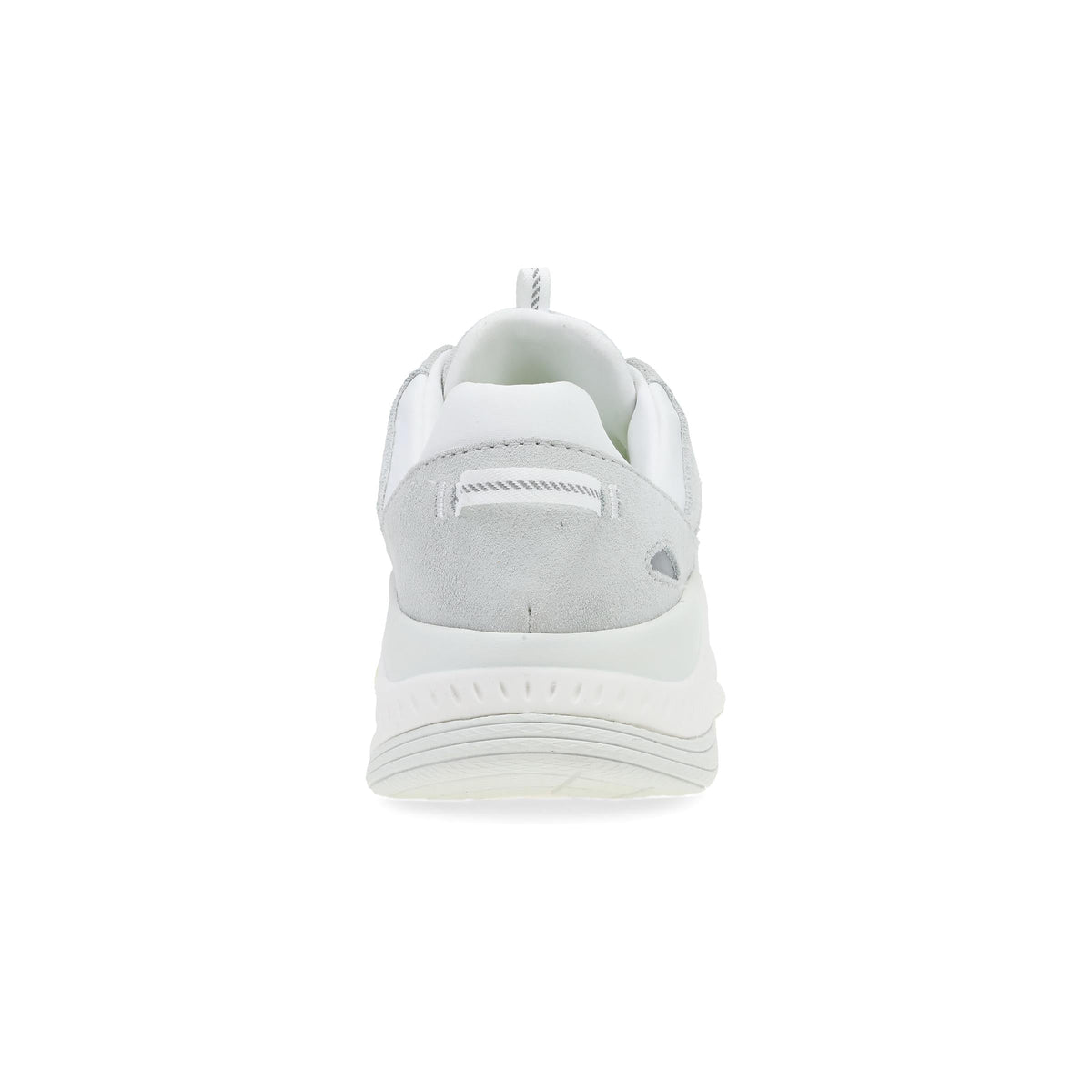 Rear view of a grey suede and white sneaker with chunky sole and heel loop