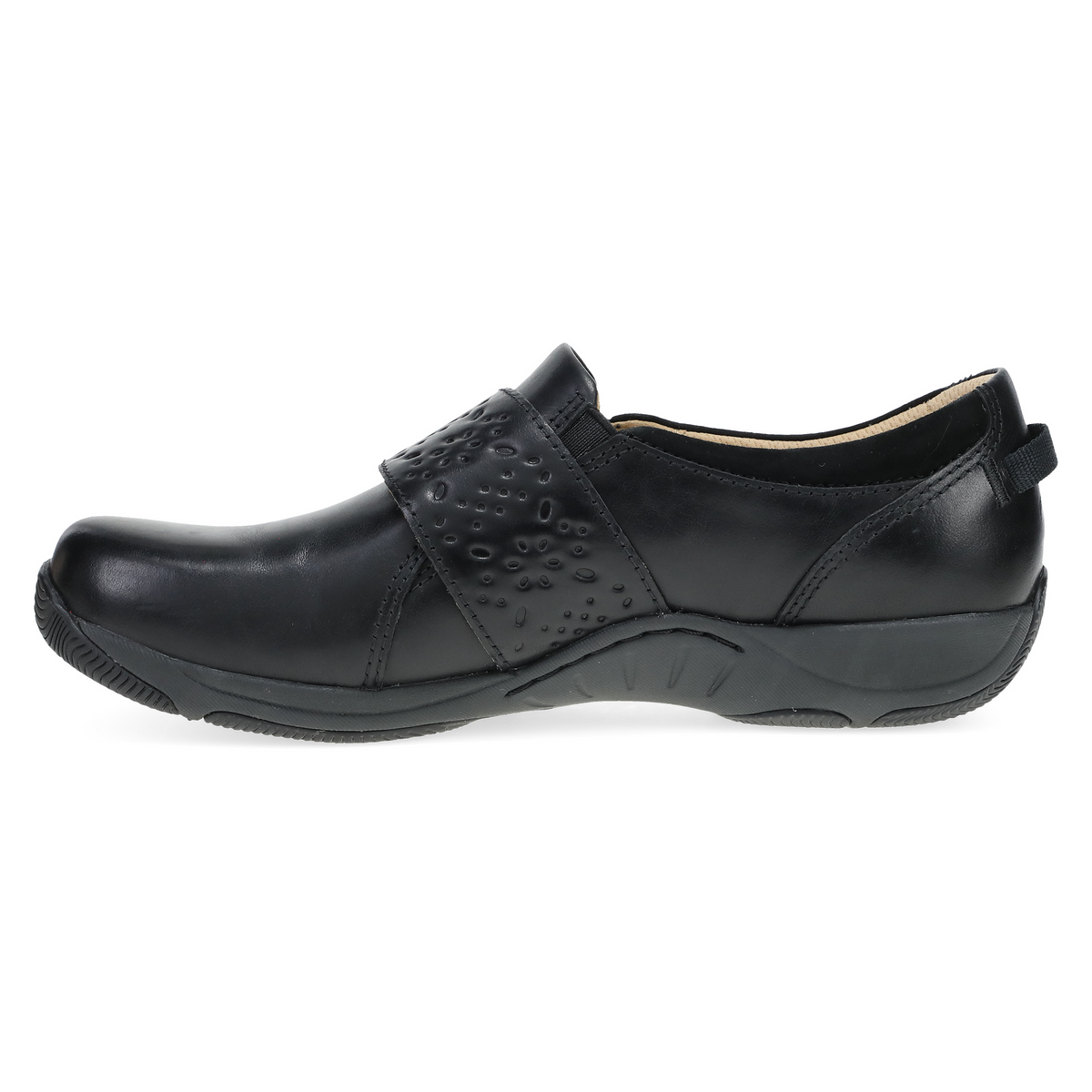 Dansko Sallie women's slip-on leather shoe with perforated strap detail, side view