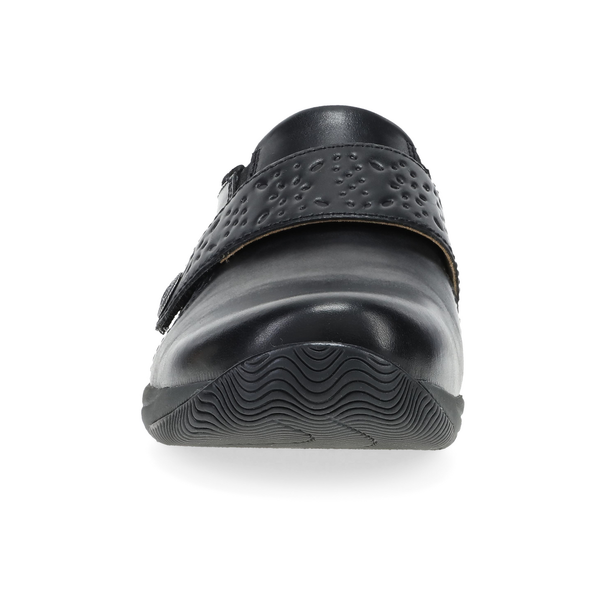 Dansko Sallie clog front view showing textured strap and wavy rubber sole