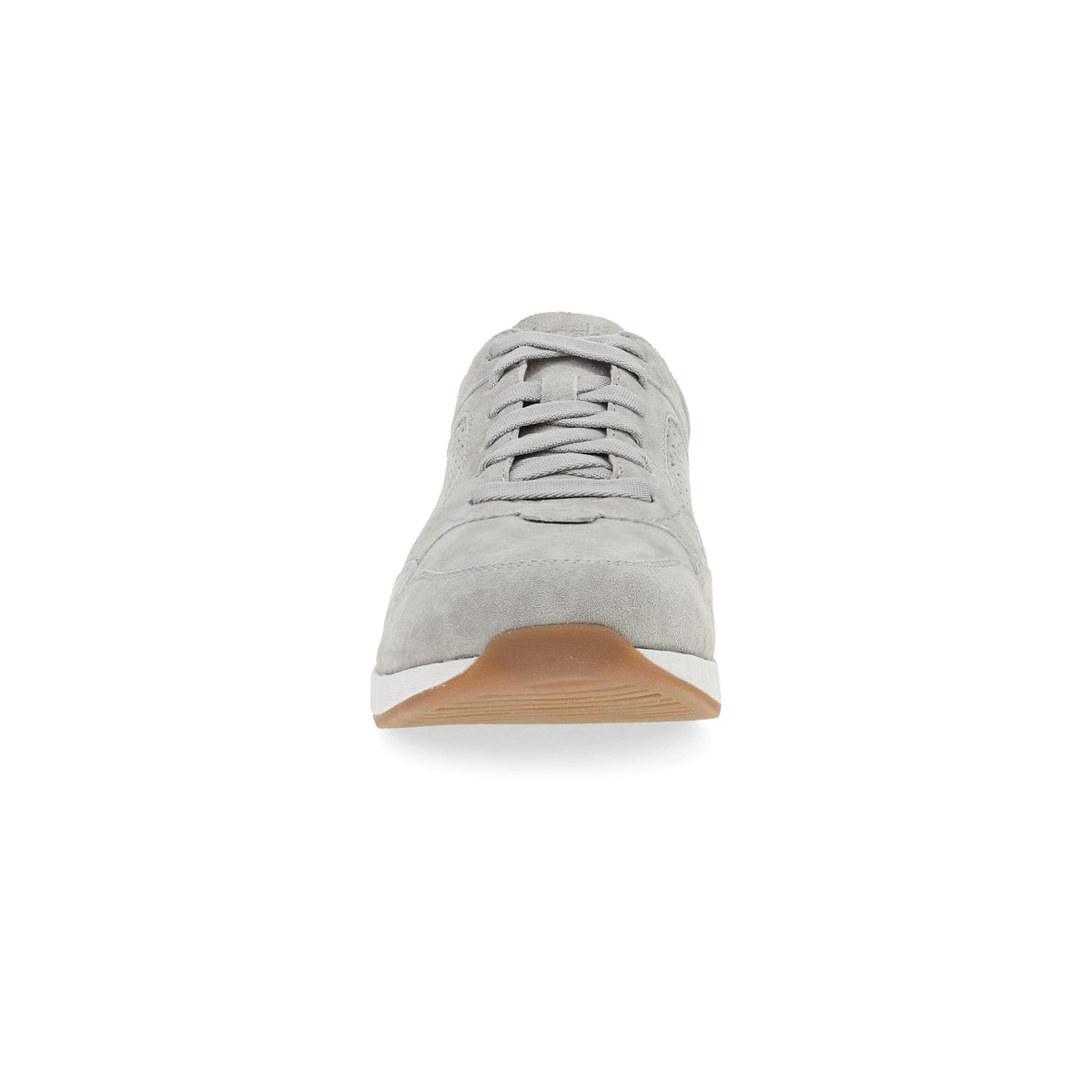 Front toe view of a grey suede lace-up sneaker with gum rubber sole
