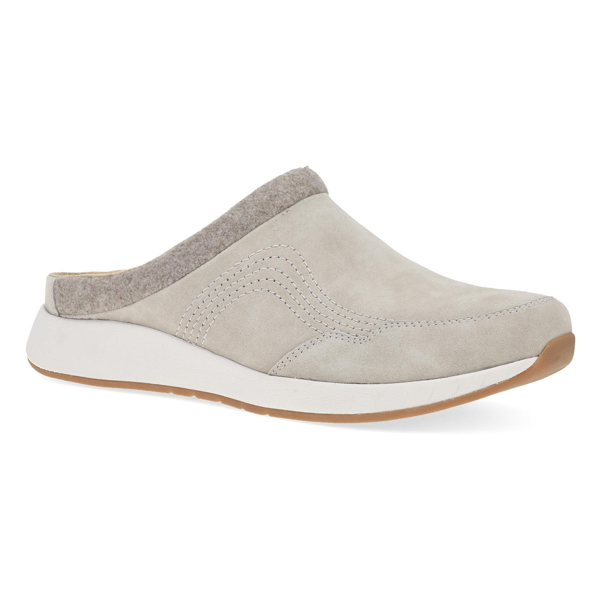 Dansko Claudia womens slip-on mule clog with suede upper and white sole, side view