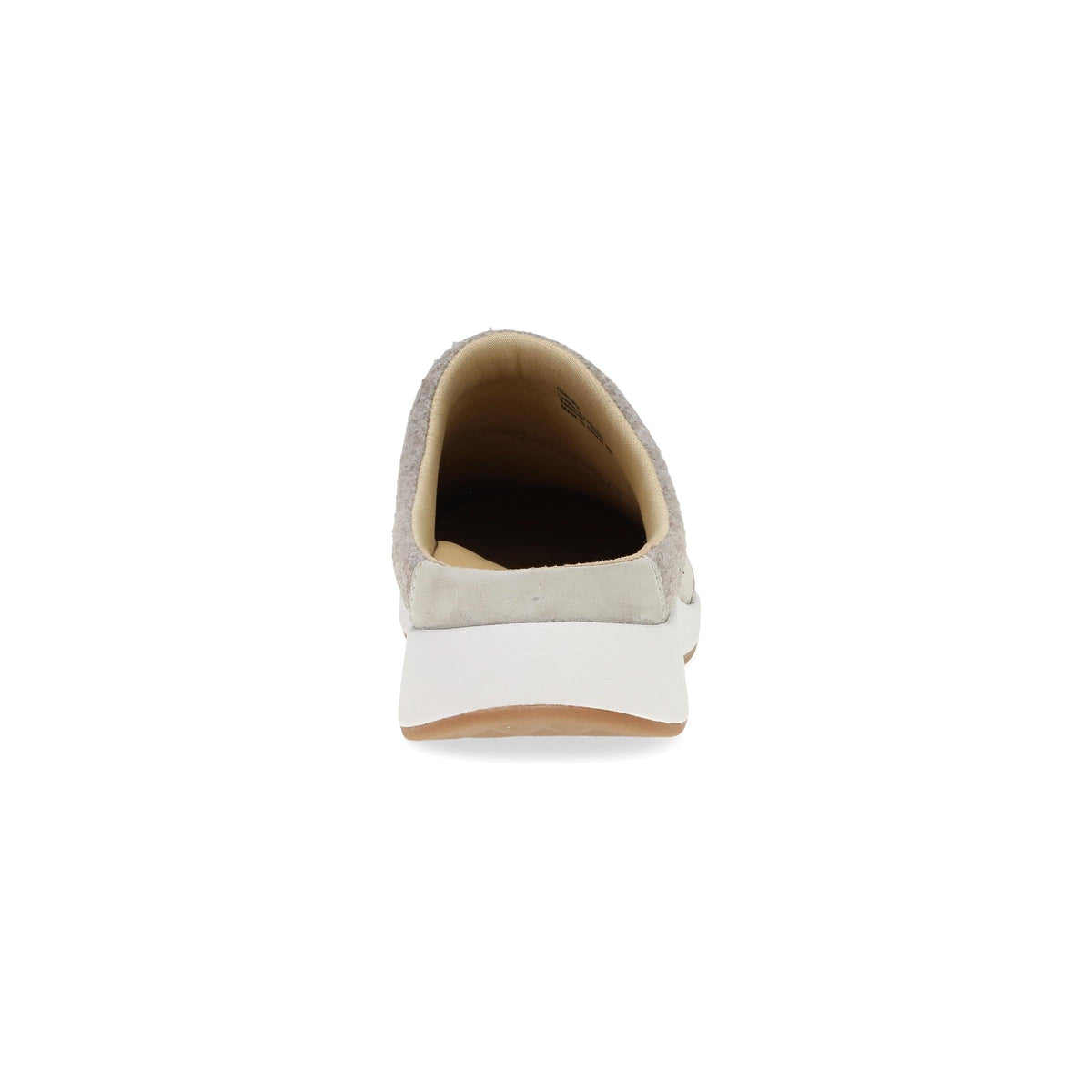 Rear view of a slip-on mule clog with white platform sole and tan interior lining