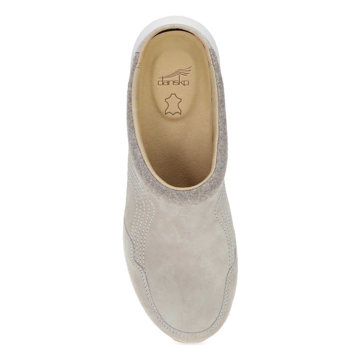 Top-down view of Dansko slip-on clog with suede upper and leather footbed