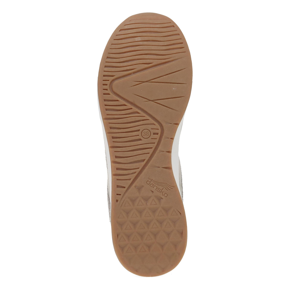 Bottom sole view of Dansko womens sneaker showing traction pattern and brand logo