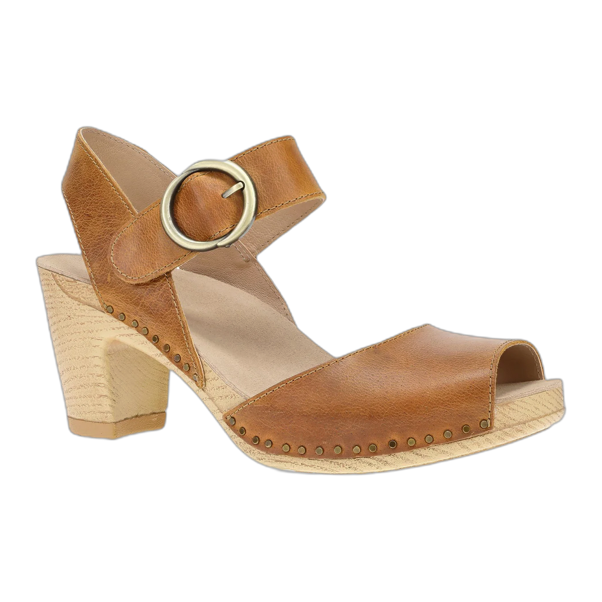 Dansko women's heeled clog sandal with ankle strap, gold buckle, and wooden platform sole